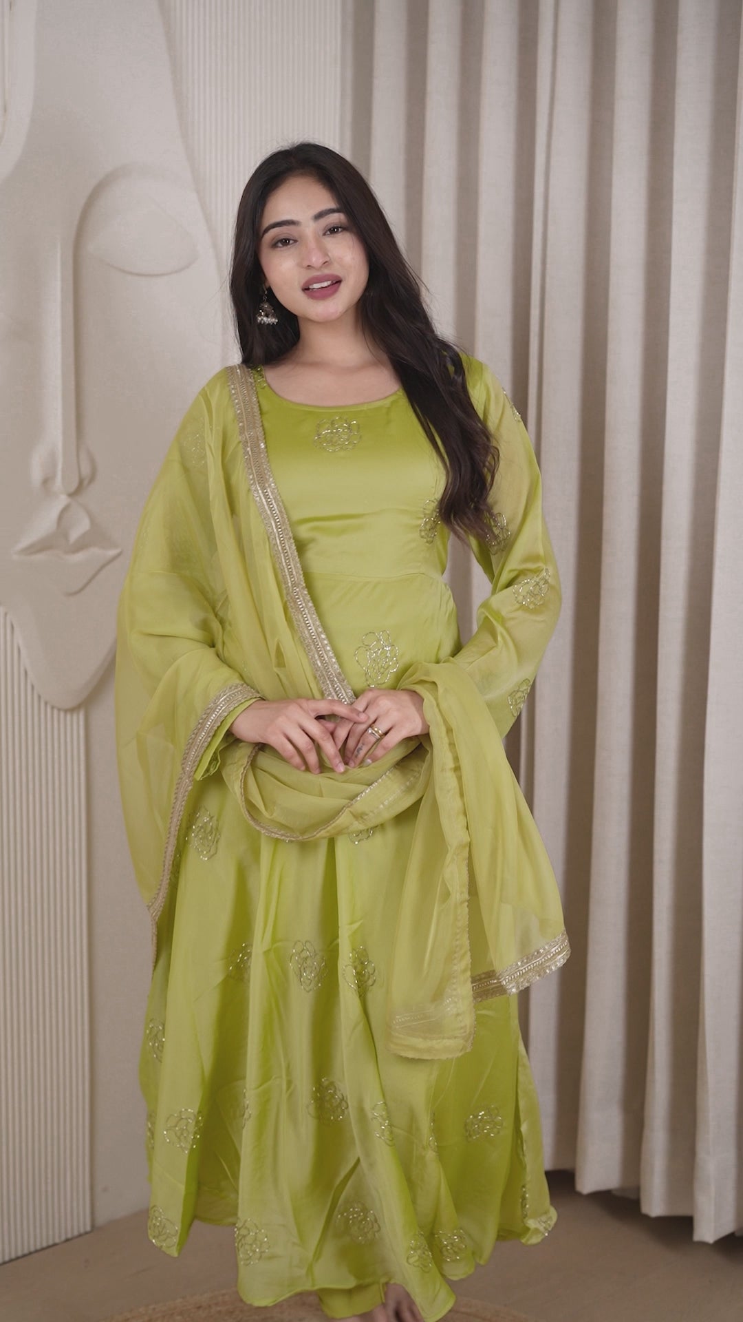 Elegant Lime Green Embroidered Anarkali Gown Set