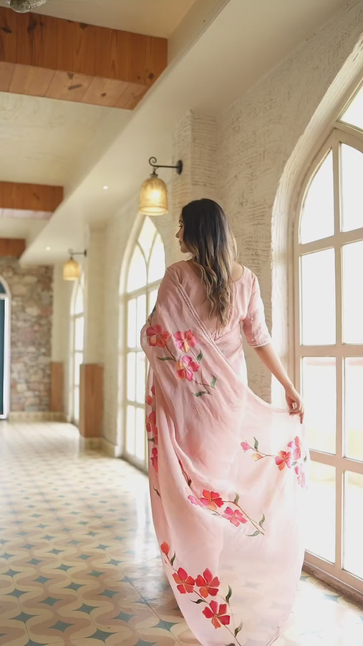 Baby Pink Floral Printed Saree With Elegant Designer Look