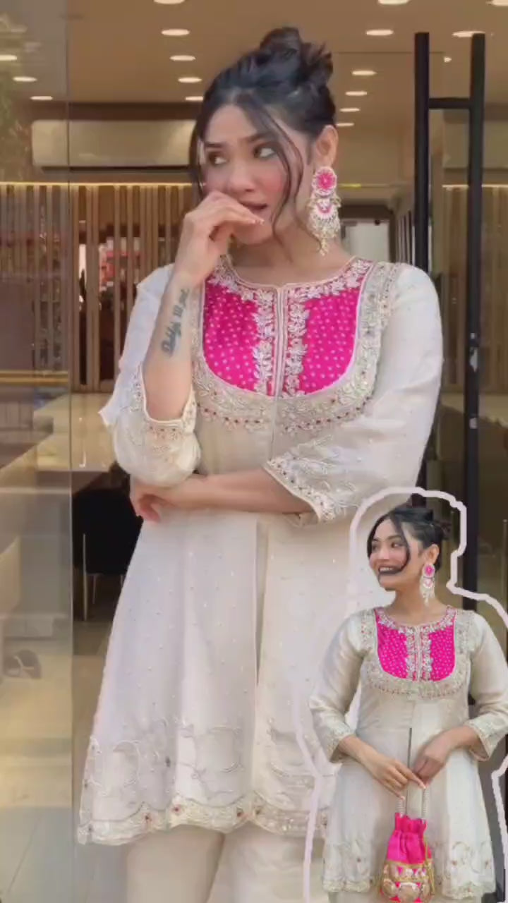 Ivory White, Purple, Pink  Embroidered Kurta Pant Set