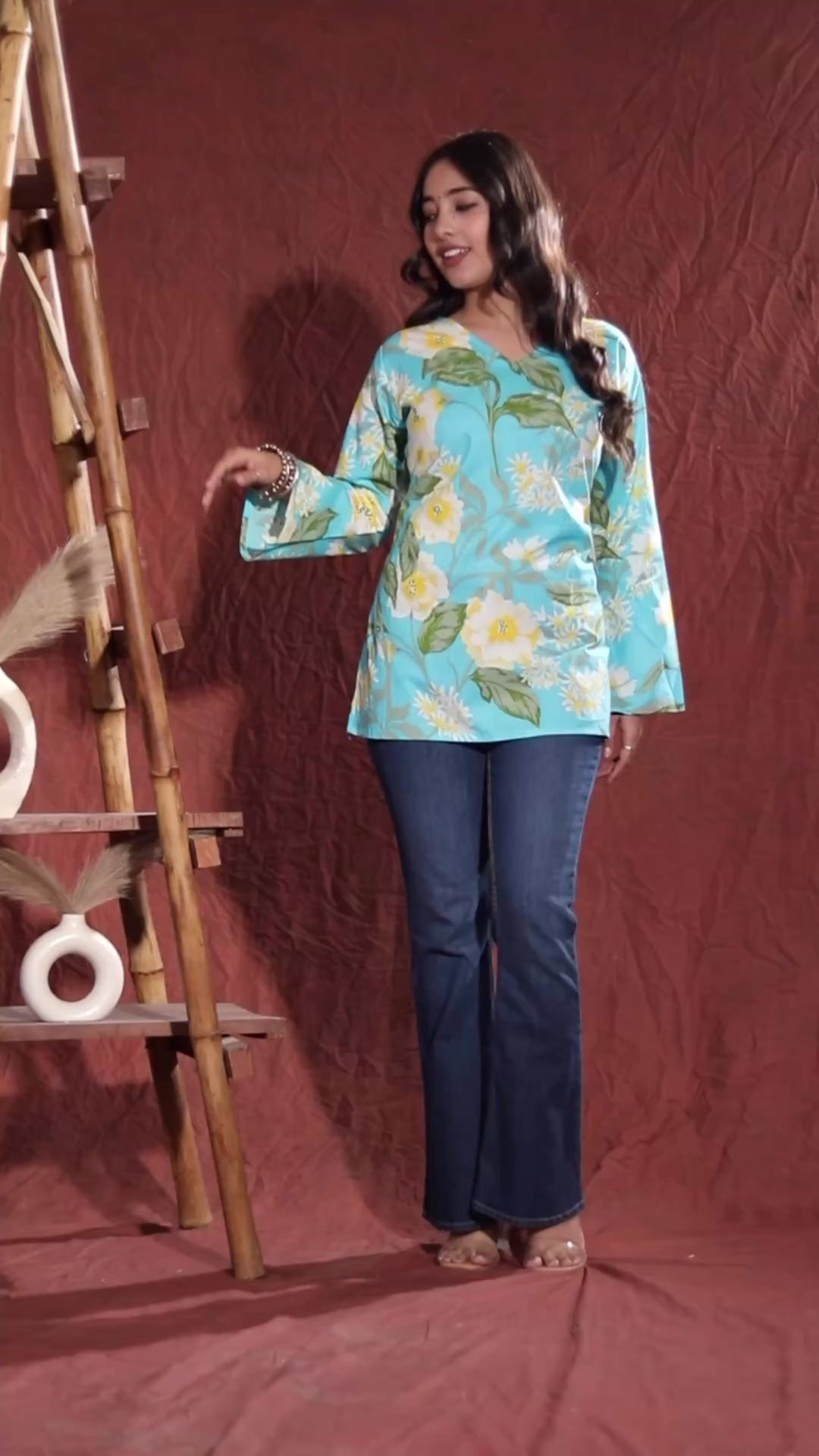 Navy Blue Floral Printed Straight Kurti