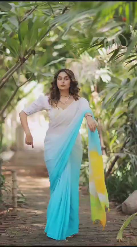 Aqua Blue & White Ombre Georgette Saree With Stylish Gradient Design