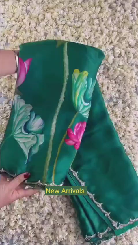 Emerald Green, Pink, White, Yellow, Blue Floral Printed Saree