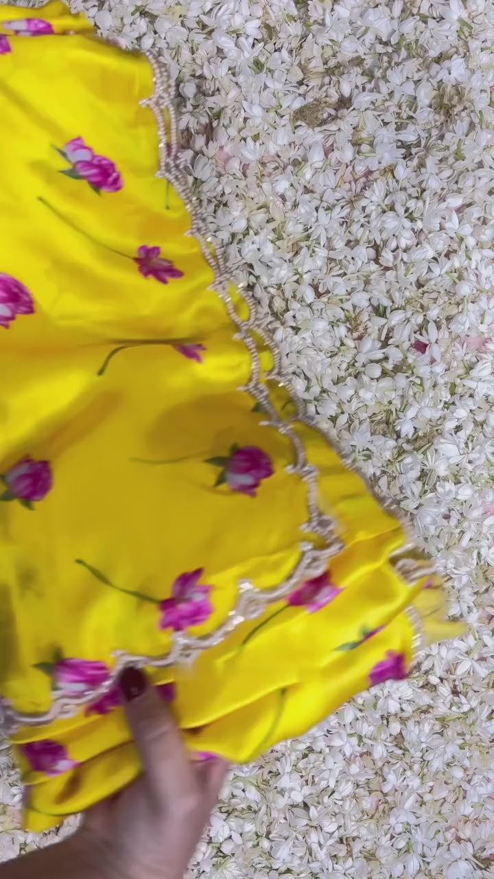 Yellow, Pink Floral Printed Saree With Trendy Casual Ethnic Look
