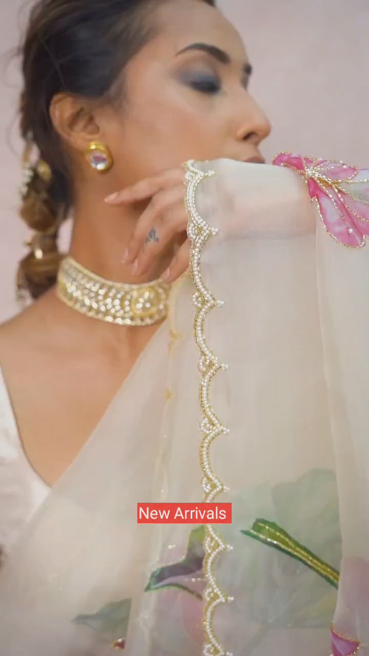 Ivory Pink Floral Organza Saree