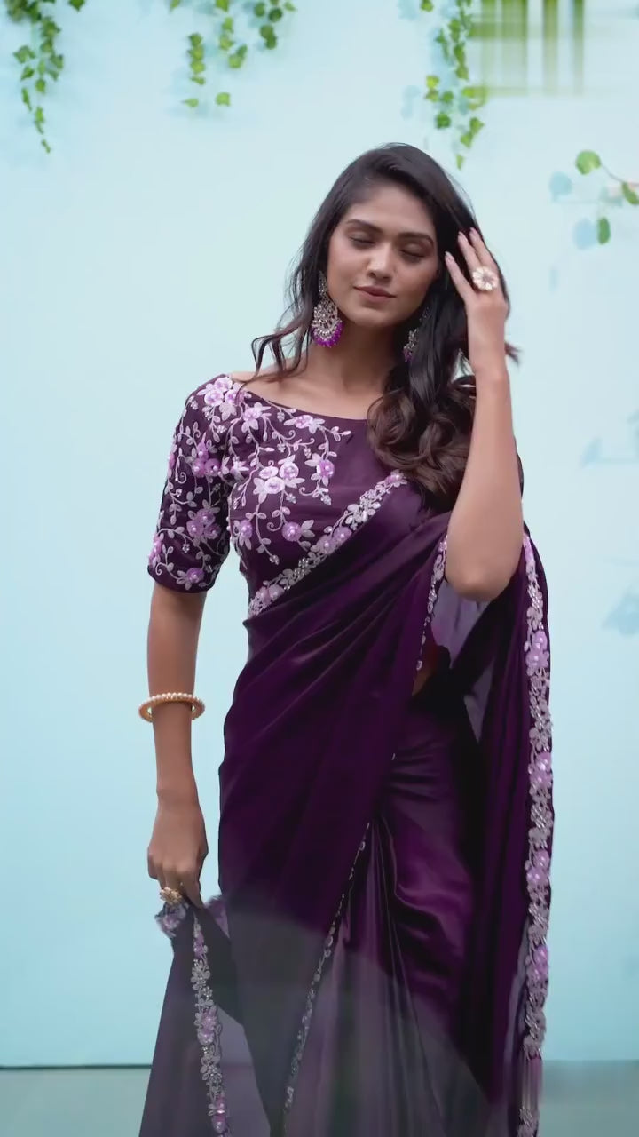 Purple Elegant Saree With Stylish Stone Border Detailing