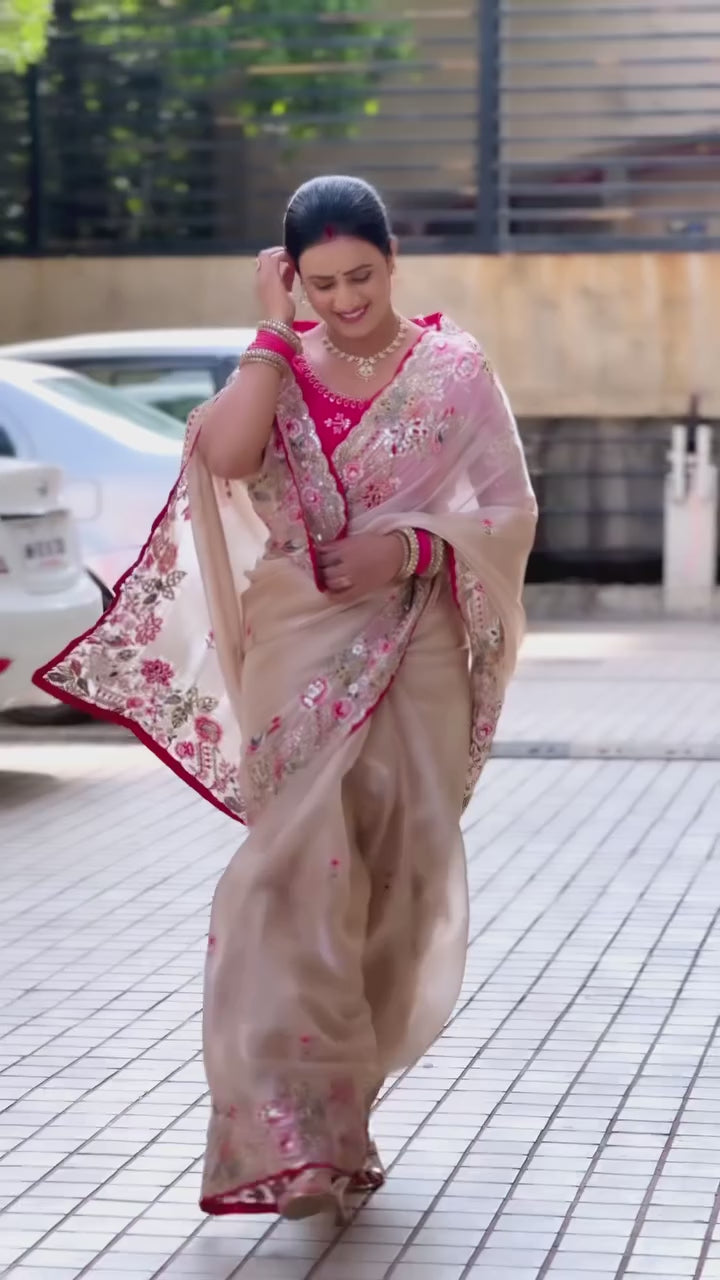Beige Silk Blend Saree With Heavy Embroidered Border & Contrast Blouse