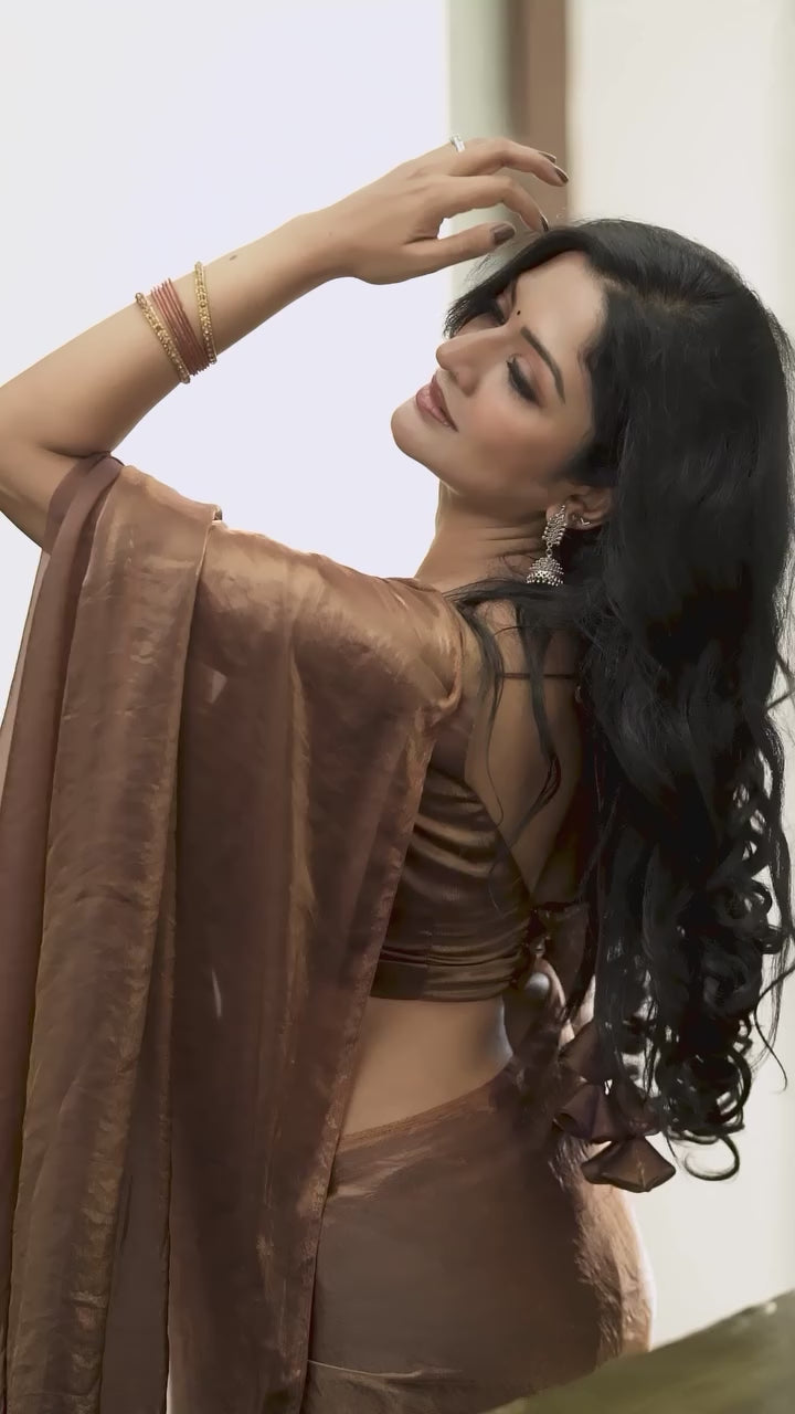 Bronze Brown Designer Saree With Elegant Metallic Finish