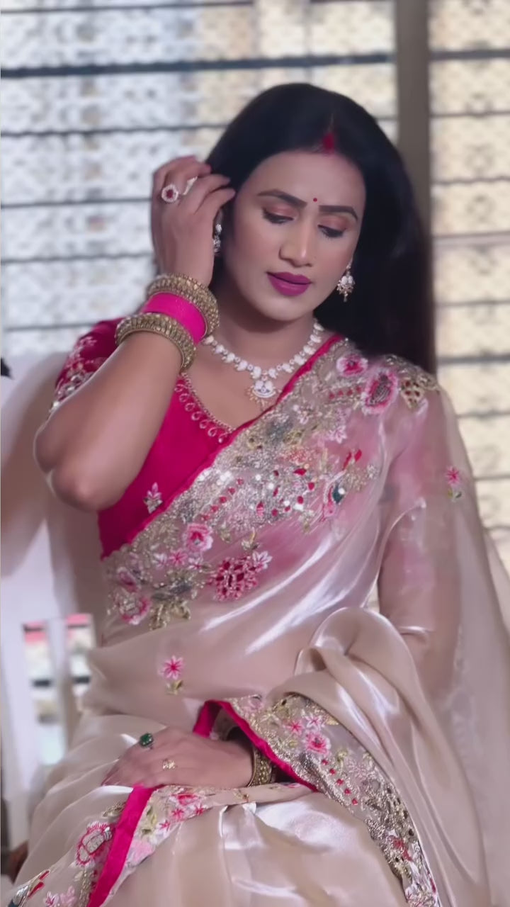 Beige Silk Blend Saree With Heavy Embroidered Border & Contrast Blouse