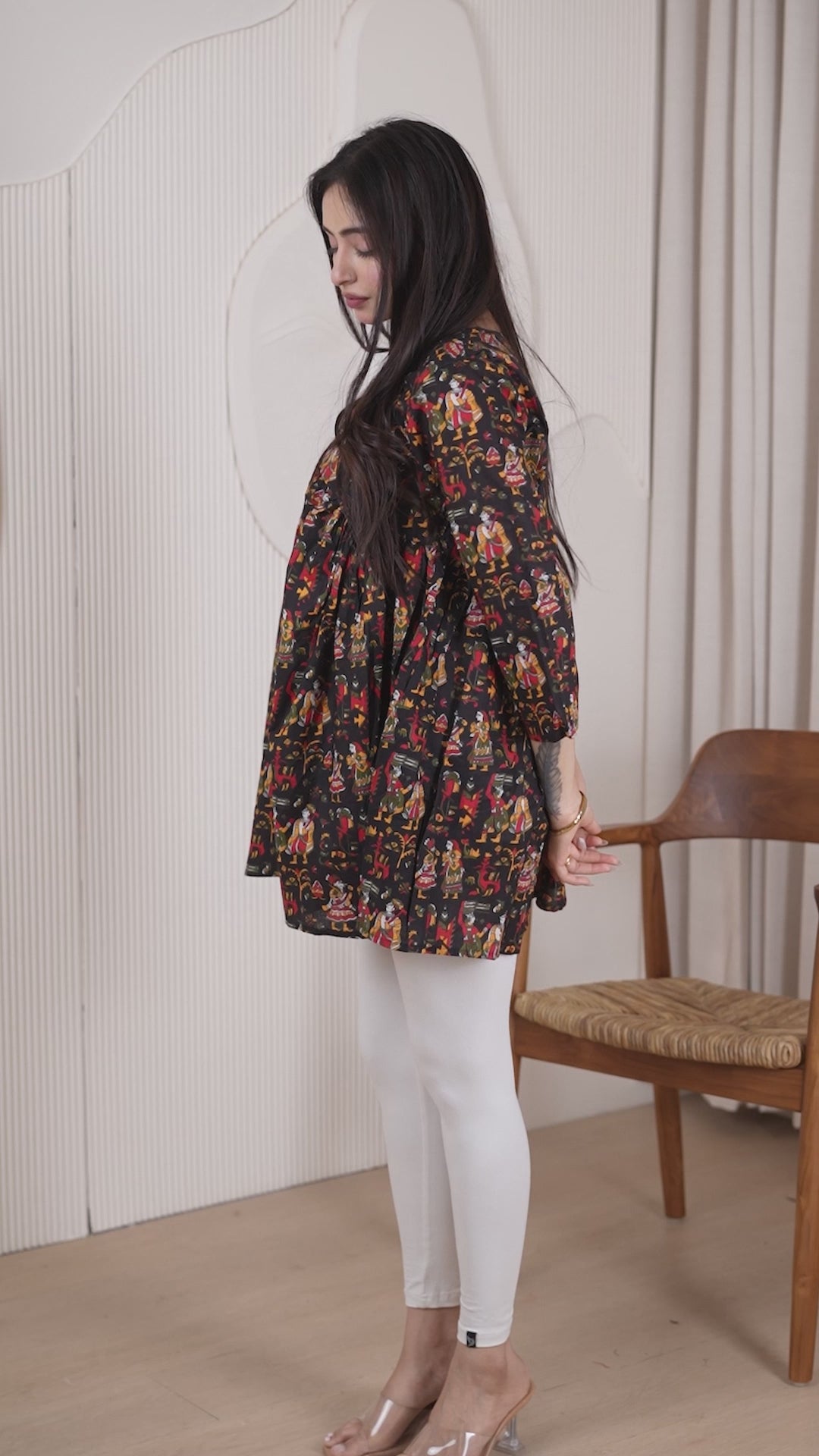 Black Ethnic Floral Printed Short Kurti