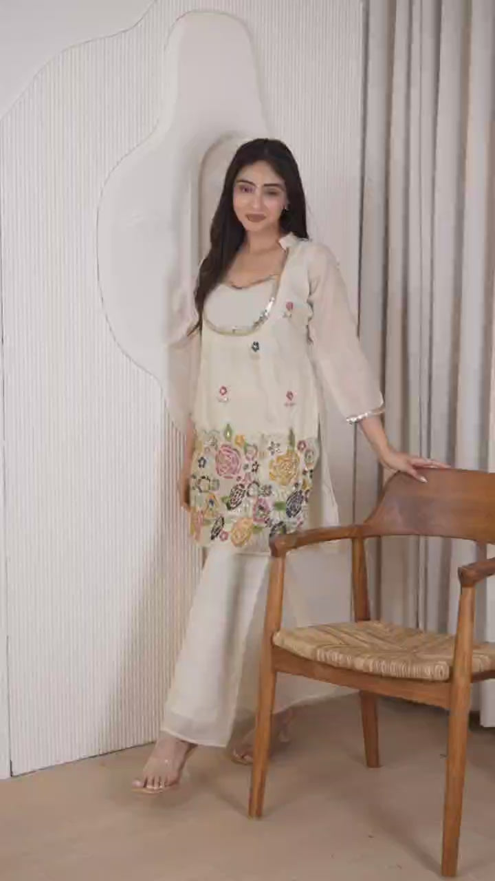 Elegant Floral Embroidered Kurta Palazzo Set