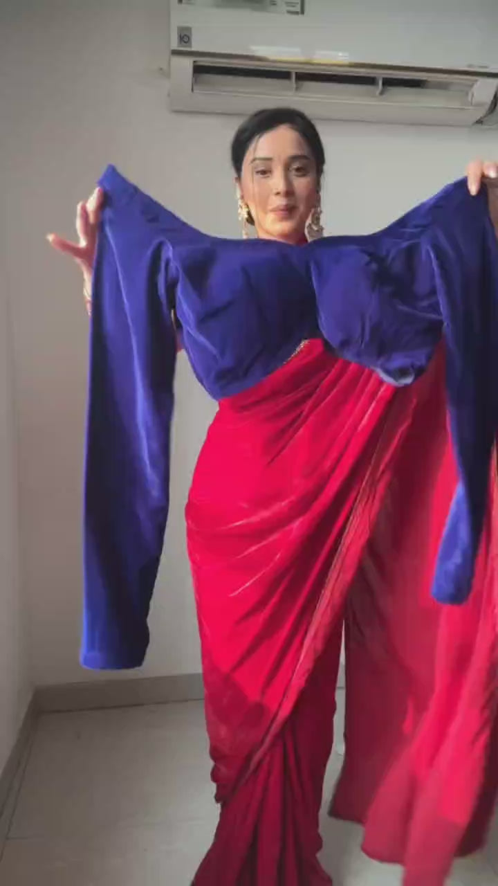 Black, Blue, Red Elegant Saree With Golden Designer Border