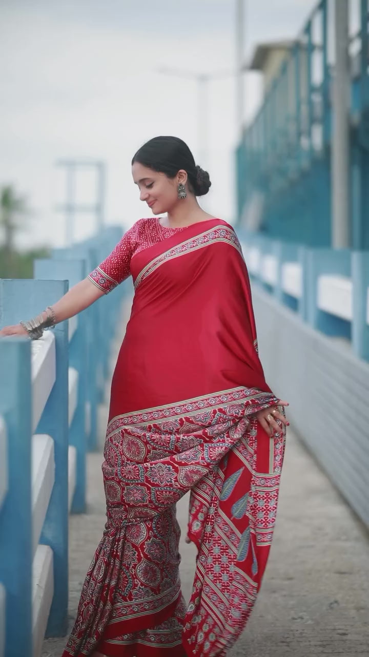 Women Red Traditional Printed Saree with Elegant Ethnic Border Design