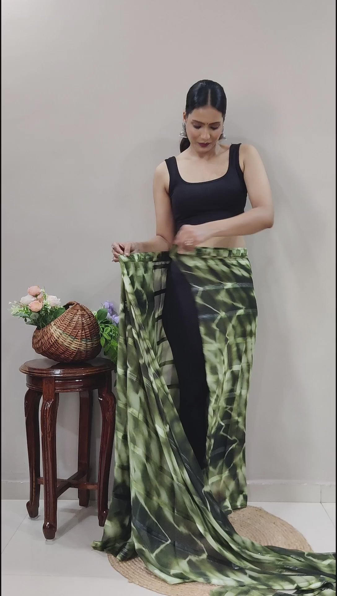 Ready To Wear Georgette Olive Green Leaf Print Elegant Saree