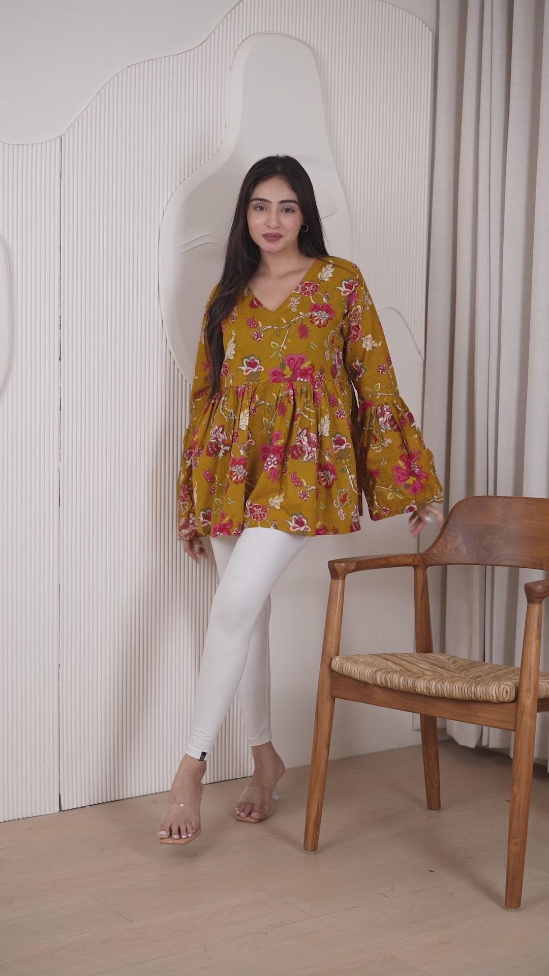 Mustard Floral Bell Sleeve Peplum Top