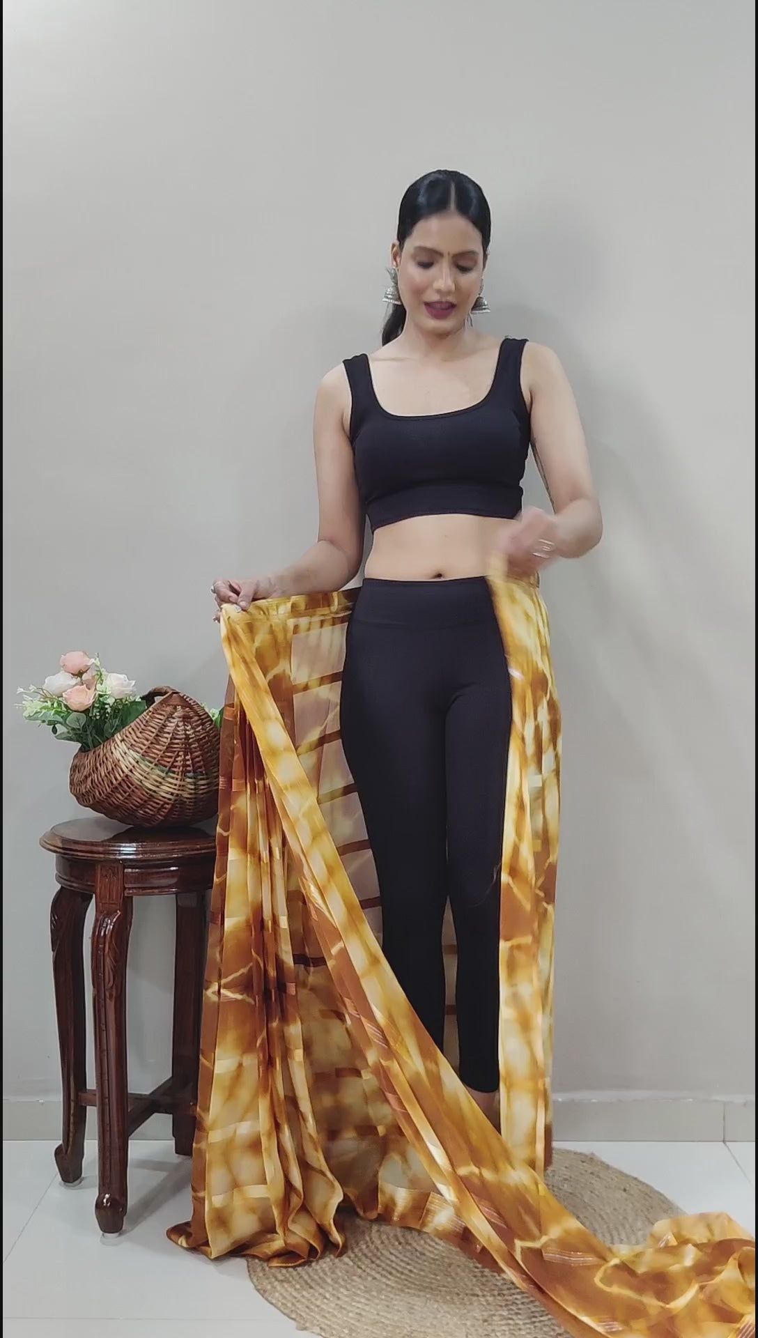 Ready To Wear Georgette Golden Tie Dye Designer Saree