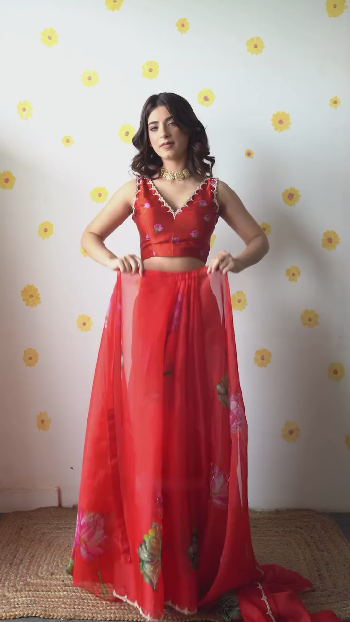Bright Red Designer Saree With Elegant Flowing Drape